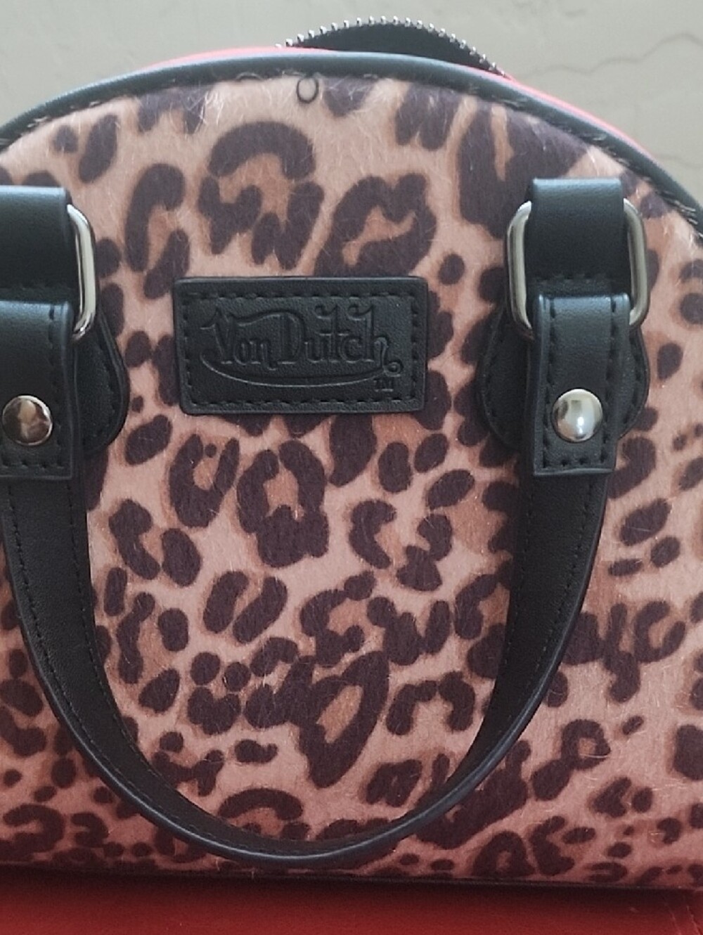 Von Dutch Leopard Print Crossbody Satchel in Brown with Red Accents - Picture 4 of 5